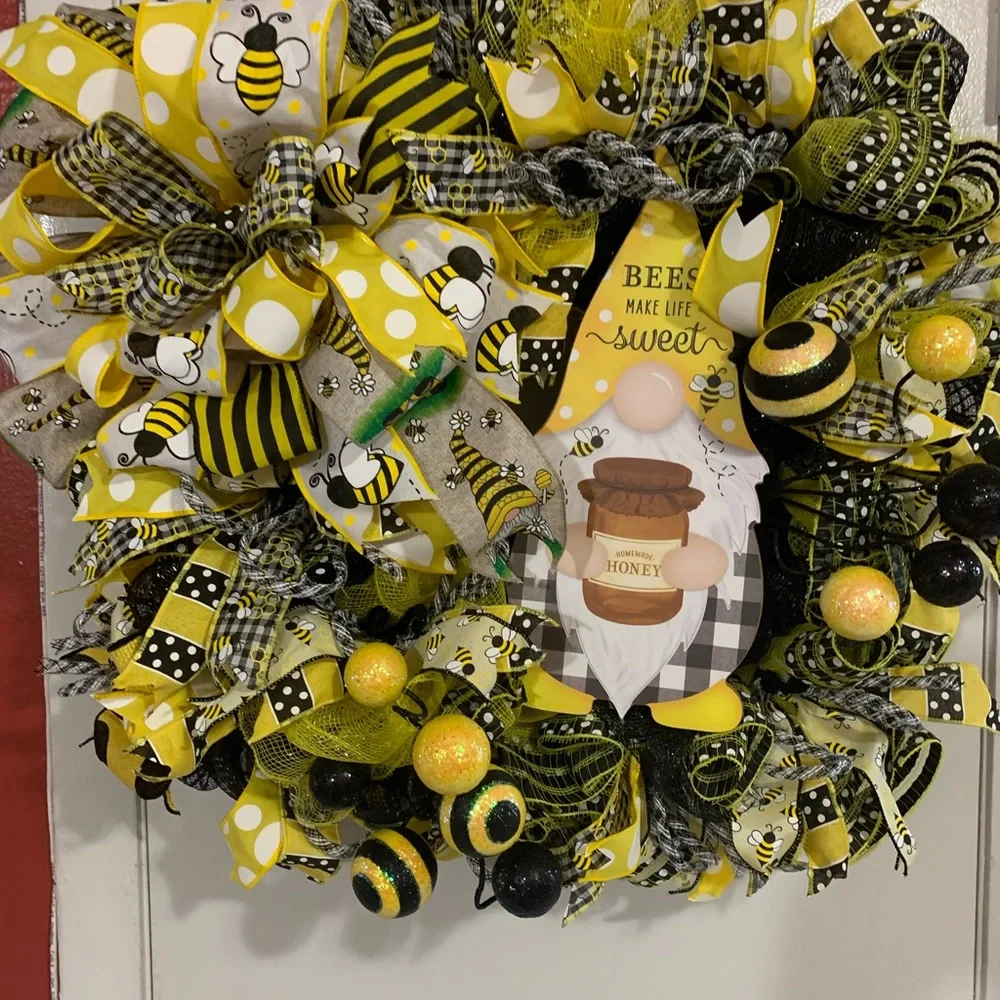 Hand Crafted Yellow and Black Holiday Wreath with Bee Accents